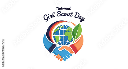 Illustration of hands holding a globe with a leaf, surrounded by colorful shapes, celebrating National Girl Scout Day with a vibrant and youthful mood.