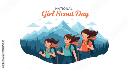 Illustration of three young girls in scout uniforms hiking with trekking poles on National Girl Scout Day with a scenic mountain background.