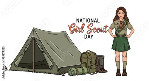 Illustration of a girl scout standing confidently beside a tent and camping gear on National Girl Scout Day with a celebratory mood.