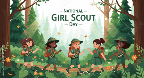Illustration of diverse Girl Scouts in uniform walking through a forest on National Girl Scout Day with a celebratory mood and vibrant green tones.