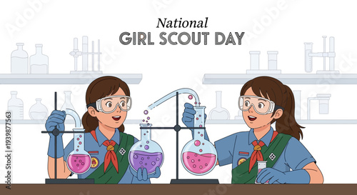 Two girl scouts in uniform conducting colorful chemistry experiments in a laboratory setting on National Girl Scout Day with a focus on teamwork and girls leadership program.