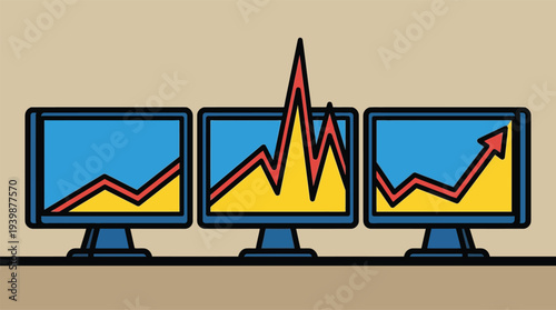 Three computer monitors displaying various financial graphs, including steady growth, market volatility with a sharp spike, and a clear upward trend.