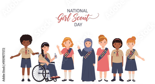 Illustration of diverse girls in Girl Scout uniforms celebrating National Girl Scout Day with a teamwork and community service theme.