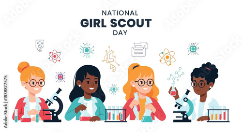 Illustration of diverse girls in lab coats and glasses engaging in science activities on National Girl Scout Day with educational icons around them in a colorful and vibrant style.