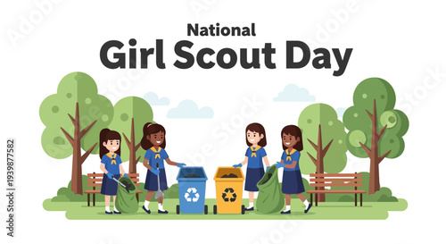 Illustration of Girl Scouts in uniform participating in community service by sorting recyclables on National Girl Scout Day with green trees in the background.