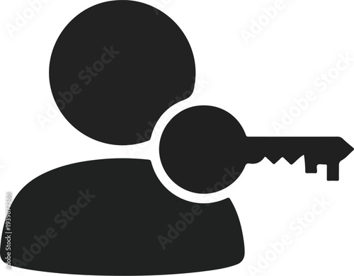 Black silhouette of a person icon with a key symbol overlapping, representing user access or security.
