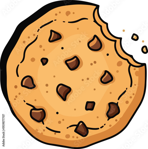 A cartoon illustration of a round chocolate chip cookie with a bite taken out of it.