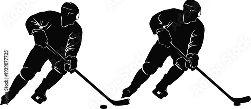 Two Professional Ice Hockey Player Silhouettes Skating Fast While Handling a Puck with Sticks during a Competitive Winter Sports Match