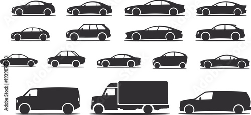 Collection of car vehicle silhouettes including sedan SUV hatchback van truck side view transportation icons isolated minimal vector set bundle