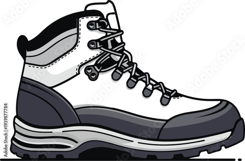 Detailed illustration of a sturdy hiking boot with laces and a thick sole, designed for outdoor adventures and rugged terrain.