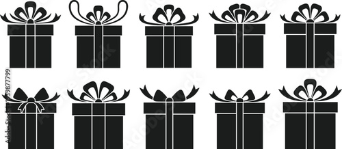 Vector set of ten black gift box silhouettes with unique ribbon bows and decorative wrapping styles for holidays and celebrations.