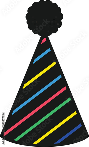 Black party hat with colorful diagonal stripes and a fluffy pom-pom on top, symbolizing joy and celebration for festive occasions.