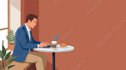 Man in Blue Blazer Working on Laptop at Cafe Table.
