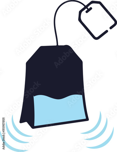 Illustration of a dark teabag steeping in light blue liquid with sound waves or ripples emanating from below.