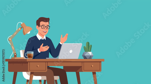 Man working on laptop at desk with coffee and cactus.