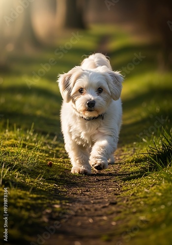 A small white dog running on a path through green grass outdoors