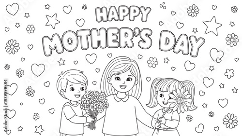 Happy Mother's Day Coloring Page: Mom with Kids and Flowers