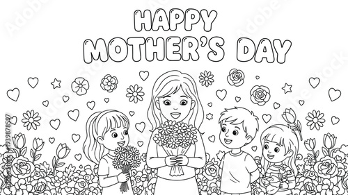 Happy Mother's Day Coloring Page: Mom with Kids and Flowers