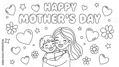 Happy Mother's Day Coloring Page: Mom Hugging Son with Hearts and Flowers