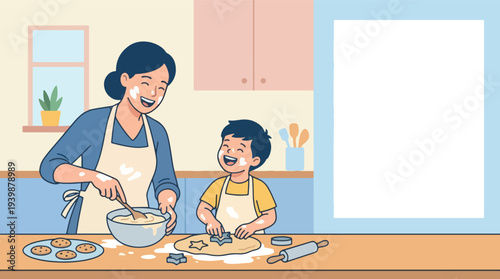 Mother and son happily baking cookies together in the kitchen.