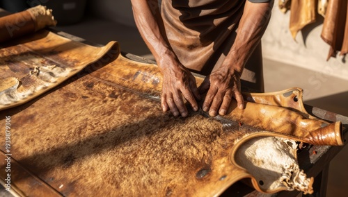 Craftsman hands working with natural animal hide material for crafting goods