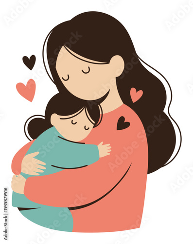 Sweet Motherhood Moment: Loving Mom Hugs Child Illustration