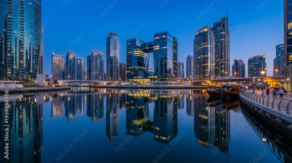 Obraz premium Dubai City Skyline And Modern Skyscrapers Reflected In Waterfront Canal At Blue Hour With Illuminated Evening Lights