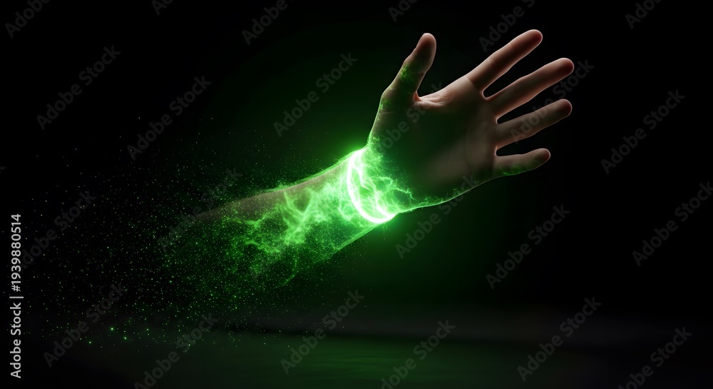 Fototapeta premium A hand with green glowing particles emanating from the wrist on a dark background
