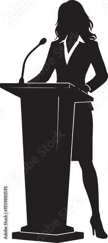 Professional female speaker or politician giving a speech at a podium with a microphone