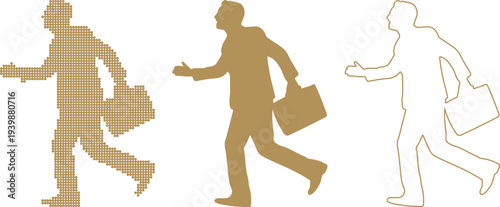 Businessman silhouette in three styles running with briefcase on white background dot art