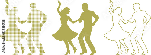 Dancing couple silhouette in three styles on white background dot art solid