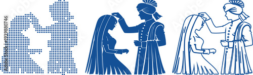 Indian wedding couple silhouette in three styles on white background bride groom