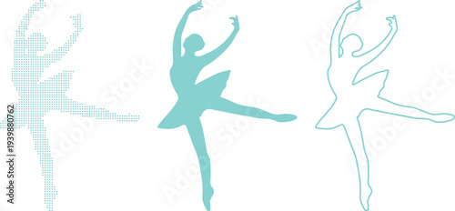 Three Styles of Ballet Dancer Silhouette in Teal and Light Teal ballerina pose