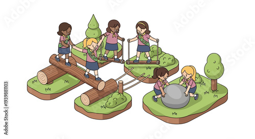 Illustration of Girl Scouts in uniform participating in teamwork activities on a series of connected green platforms with logs and trees, promoting youth leadership and girls' empowerment.