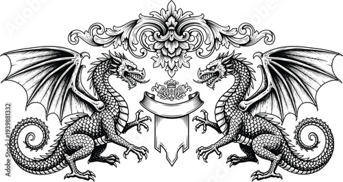 Vintage heraldic dragons illustration, symmetrical fantasy creatures with wings, ornate emblem design, medieval mythological engraving artwork