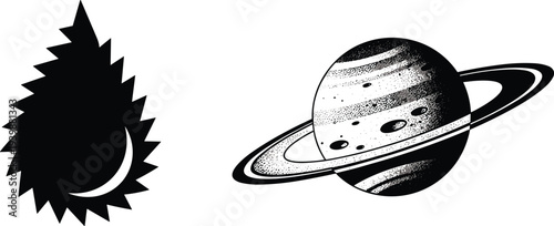 Abstract space and nature illustration set, Saturn planet engraving and black organic shape, minimal retro cosmic design elements