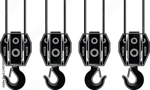 Industrial pulley hooks illustration set, mechanical lifting equipment, construction hoist system, vintage engraved engineering machinery design elements
