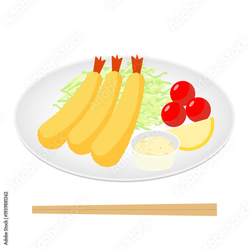 皿に盛られたエビフライと野菜のイラスト