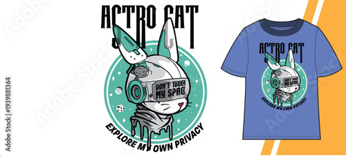 Stylish Astronaut Cat Trendy Vector T-Shirt Design Illustration. Fashionable style cat with space suit.
