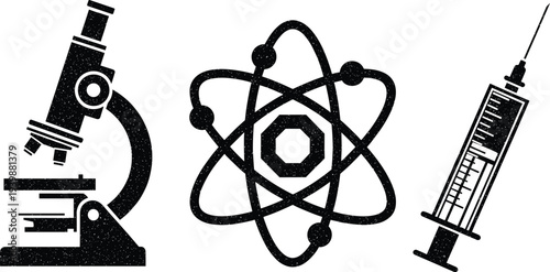 Vintage science illustration set, microscope, atomic structure symbol, medical syringe injection, retro scientific research and laboratory sketch