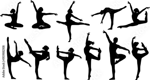 Dancer and gymnast silhouettes set performing energetic poses, flexibility balance strength isolated on white background, fitness sport illustration stock 
