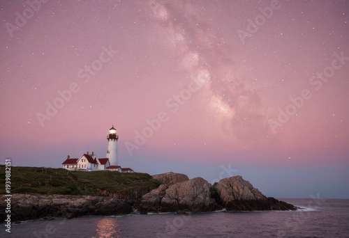 Milky Way over a lighthouse on a rocky coast with a pink night sky