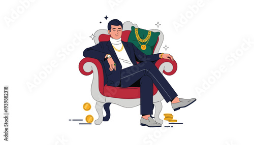 Confident Rich Man Relaxing on Luxury Sofa Wearing Gold Jewelry Flat Vector