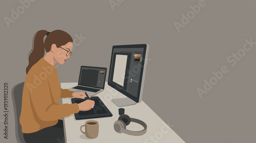 Woman working on computer with graphics tablet and coffee.
