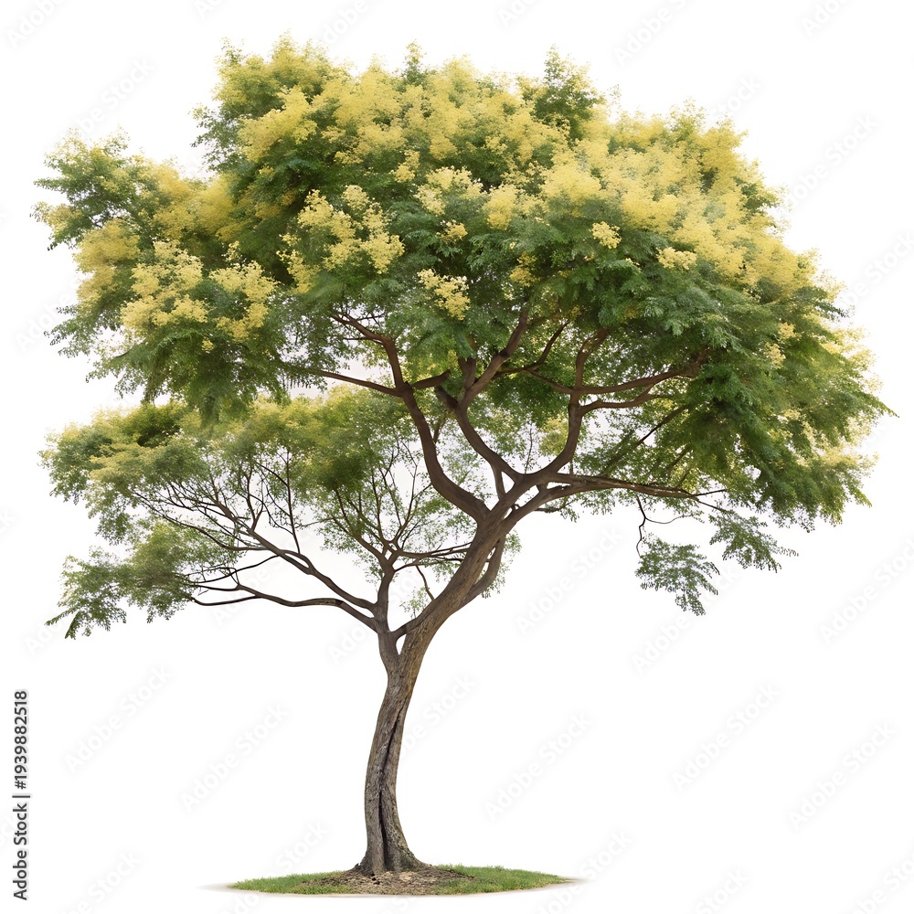 Fototapeta premium Lush flowering acacia tree with bright yellow blossoms and intricate green leaves, isolated on a white backdrop, perfect for botanical and nature themes