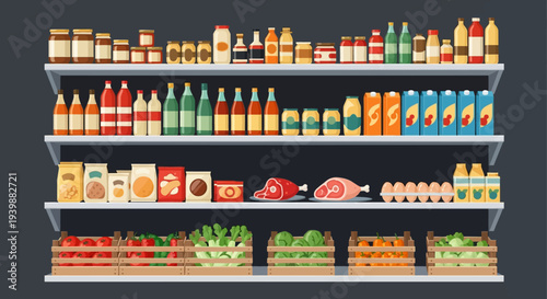 Illustration of a stocked grocery store shelf with various food and drink products against a dark background
