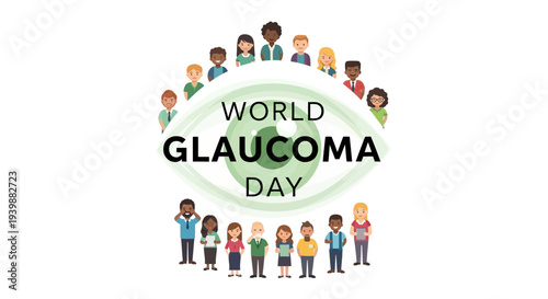 Illustration of diverse people supporting World Glaucoma Day with green and colorful design elements for eye health awareness.