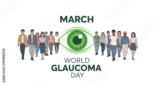 Illustration of diverse people walking around a large green eye for World Glaucoma Day in March with a clean design on a white background