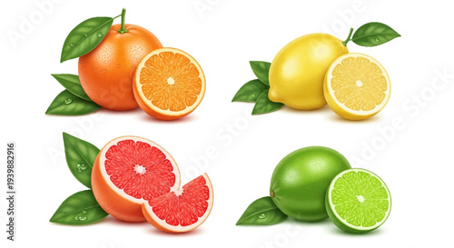 Flat lay of assorted citrus fruits including oranges, lemons, grapefruits, and limes with leaves on a white background.