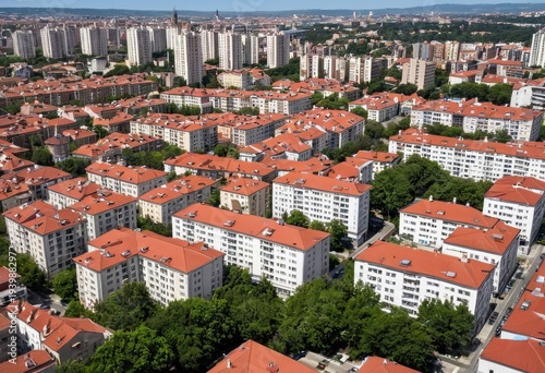 High-angle view of an urban residential area with red-roofed apartment complexes
